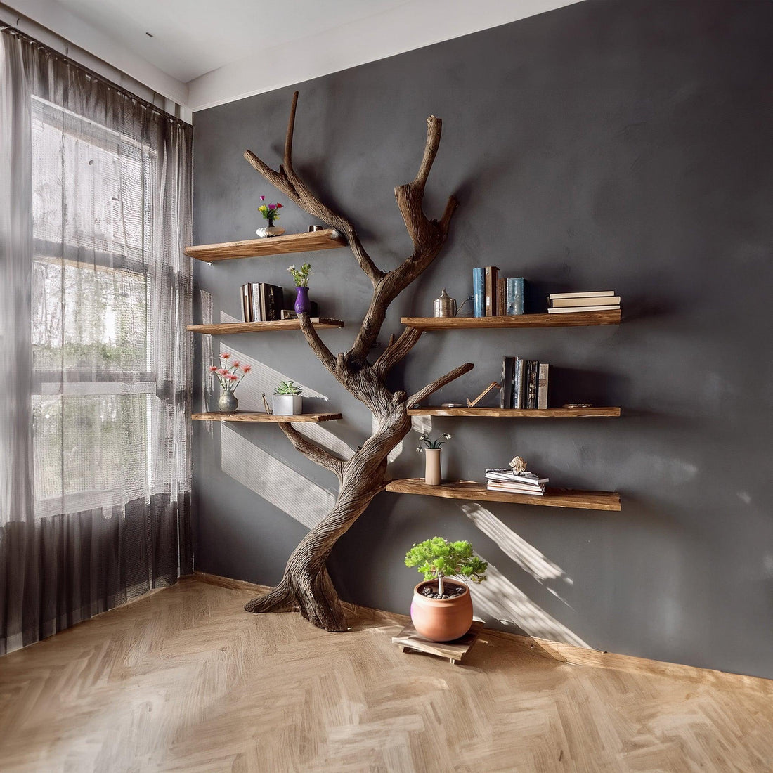 Tree Branch Floating Bookshelf Solid Wood Wall Decor