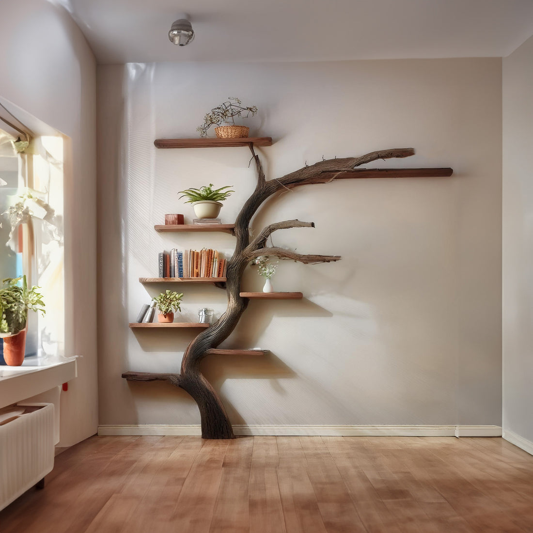 Handcrafted Tree Branch Shelves and Bookcase