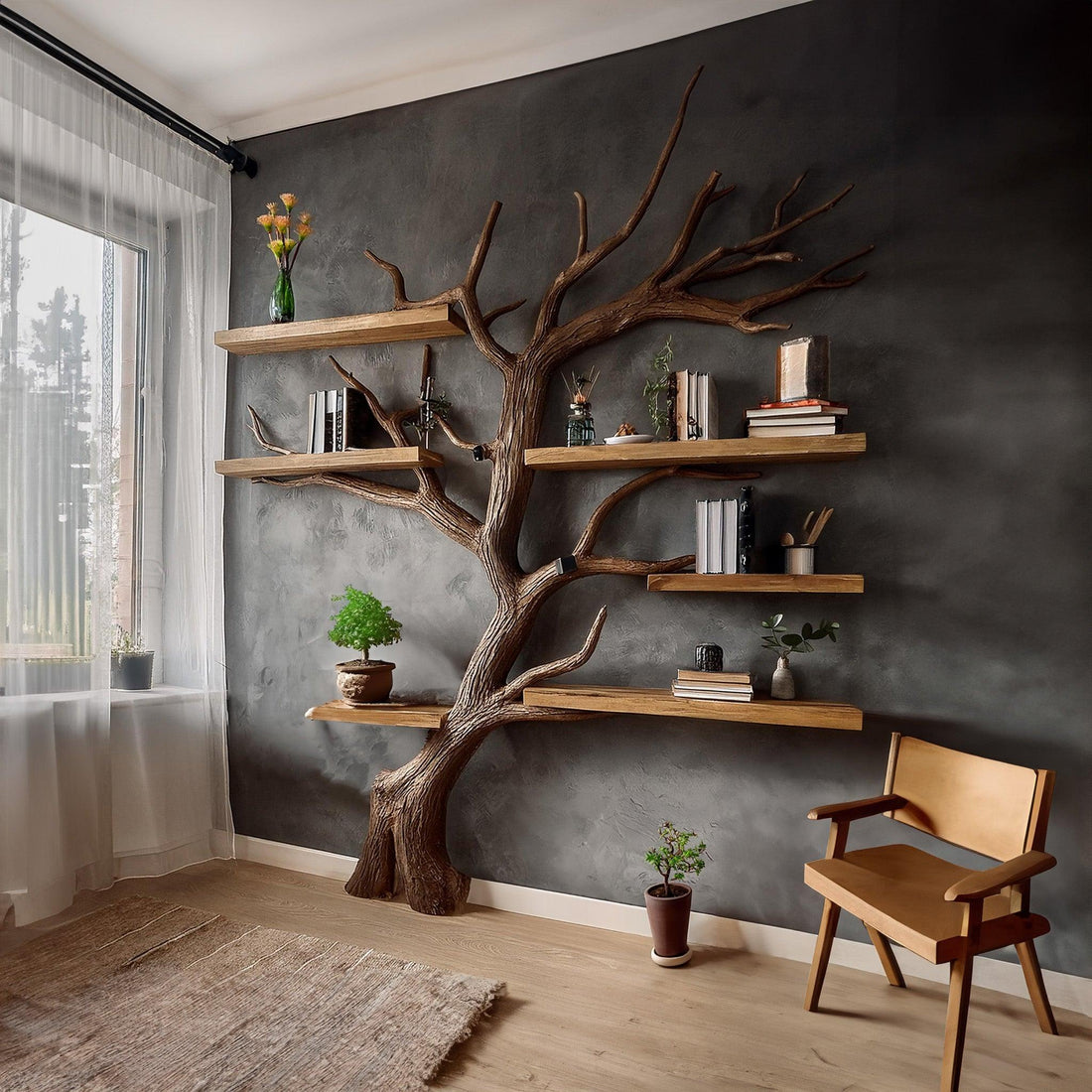 Solid Wood Floating Bookshelf with Driftwood Branch