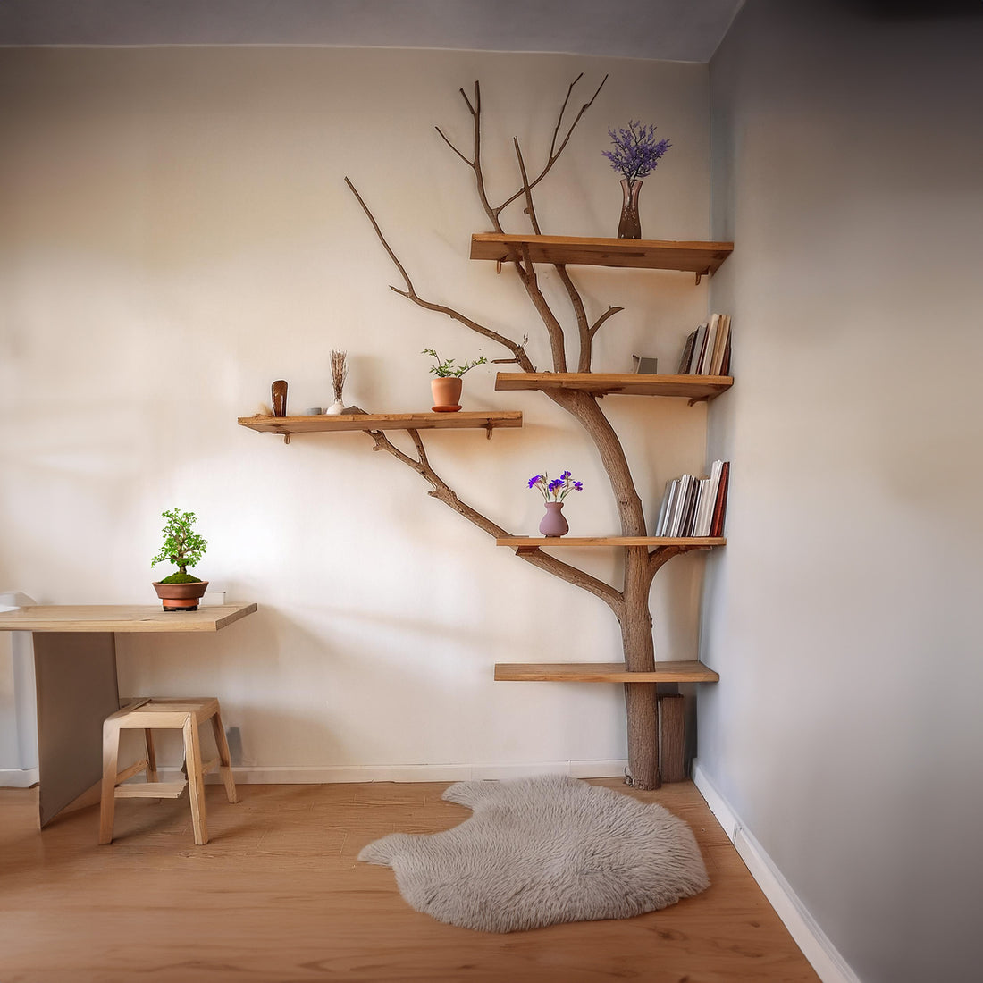 Solid Wood Tree Branch Decor Shelf